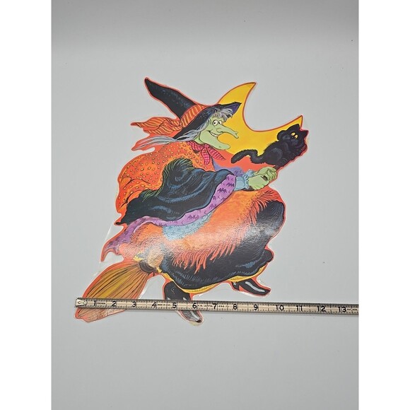 Vtg Kirk Halloween Die Cut Witch on Broom w/ Cat Cardboard Decoration Laminated - Picture 5 of 5